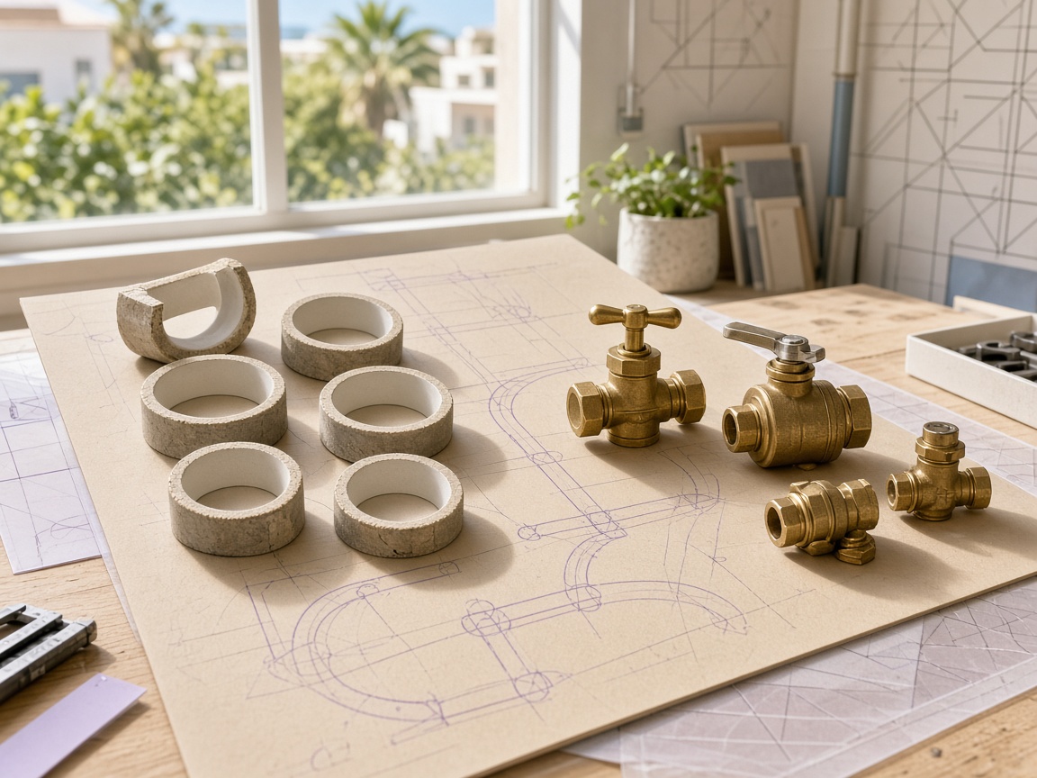 Drafting board with brass valves and violet pipe diagrams
