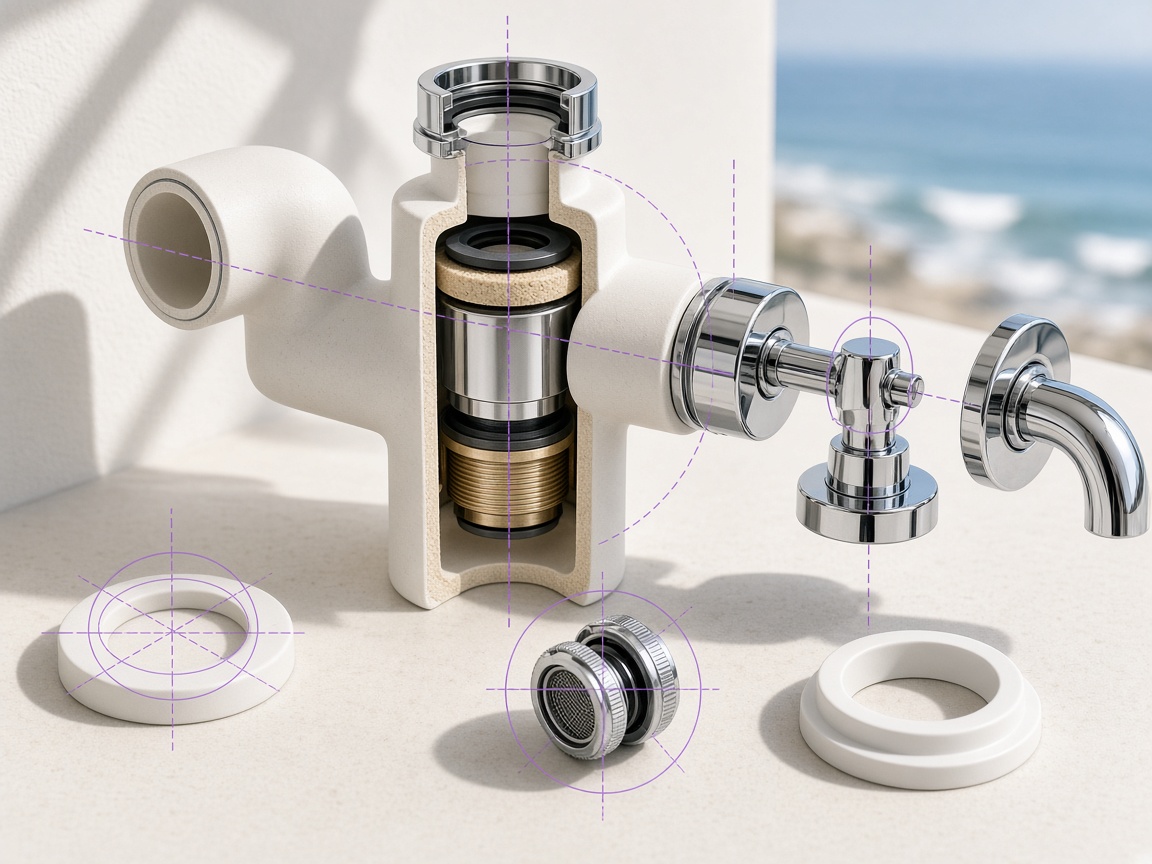 Ceramic fixture cutaway with violet technical markers